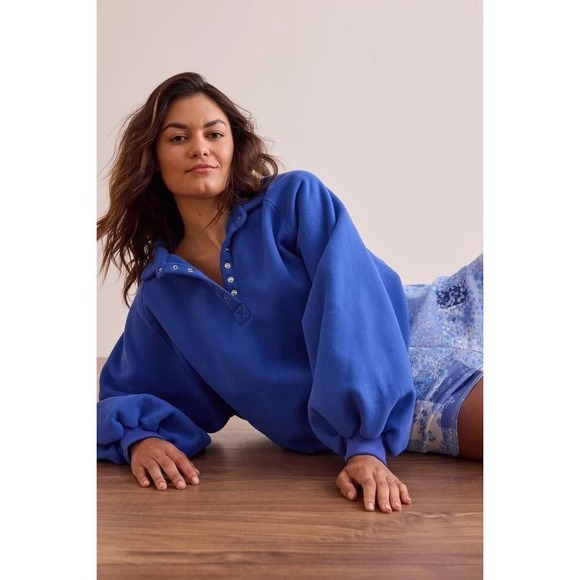 As Revival Tops - AS Revival Cobalt Blue Snap Henley Balloon Sleeve Sweatshirt Size Medium